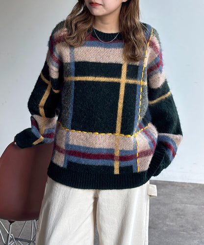 格紋流蘇拼接針織衫