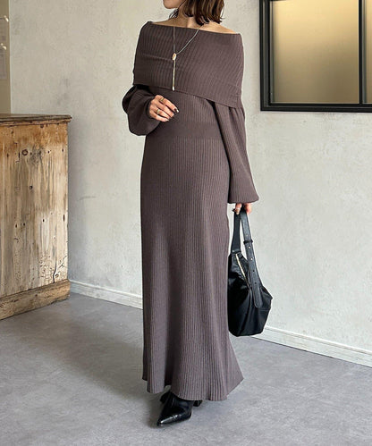 一字肩針織連衣裙