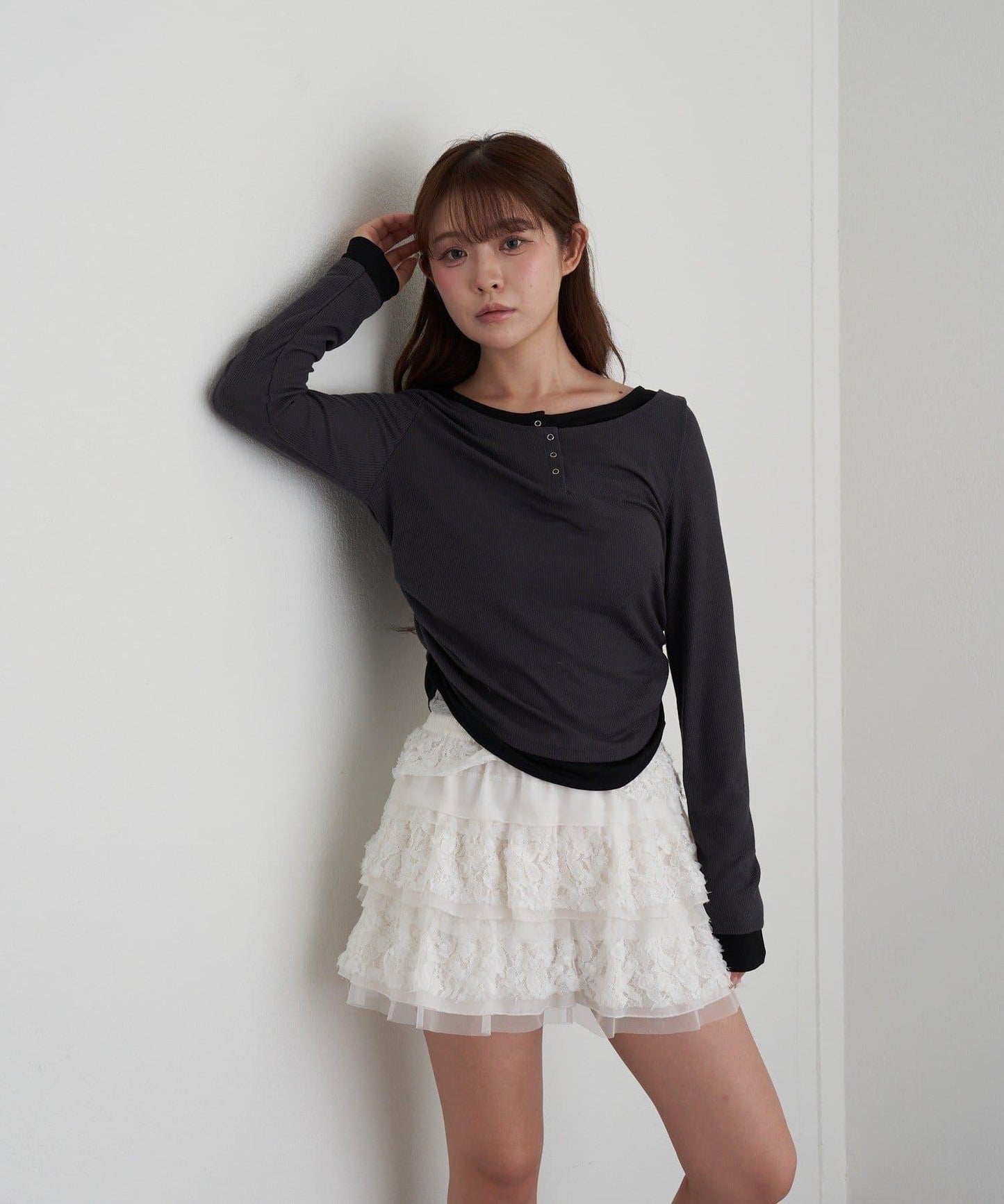 U領疊穿亨利長袖T恤