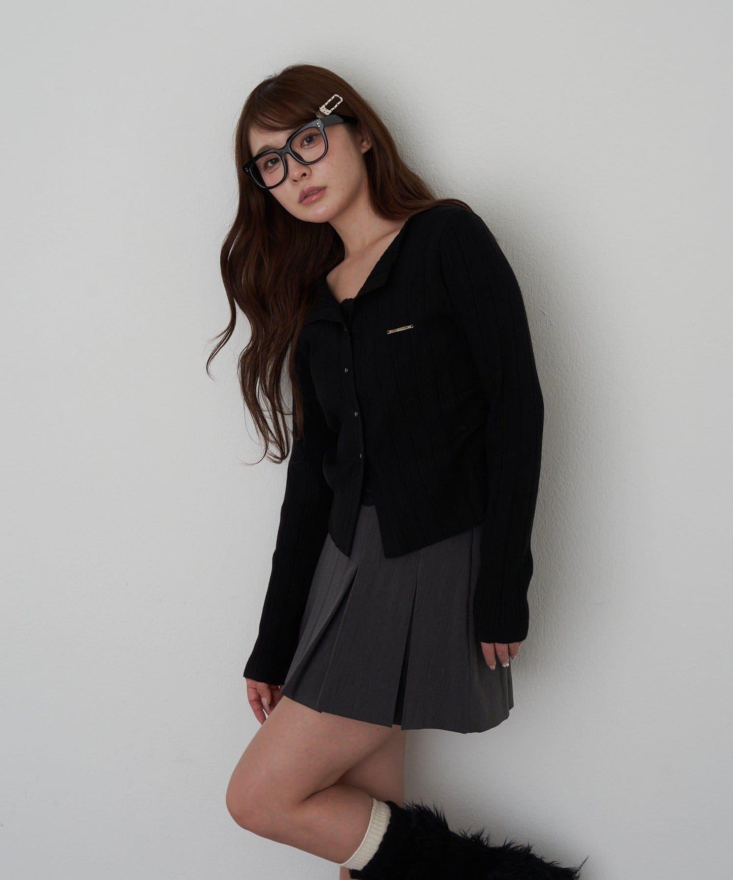 蕾絲拼接前開釦針織衫