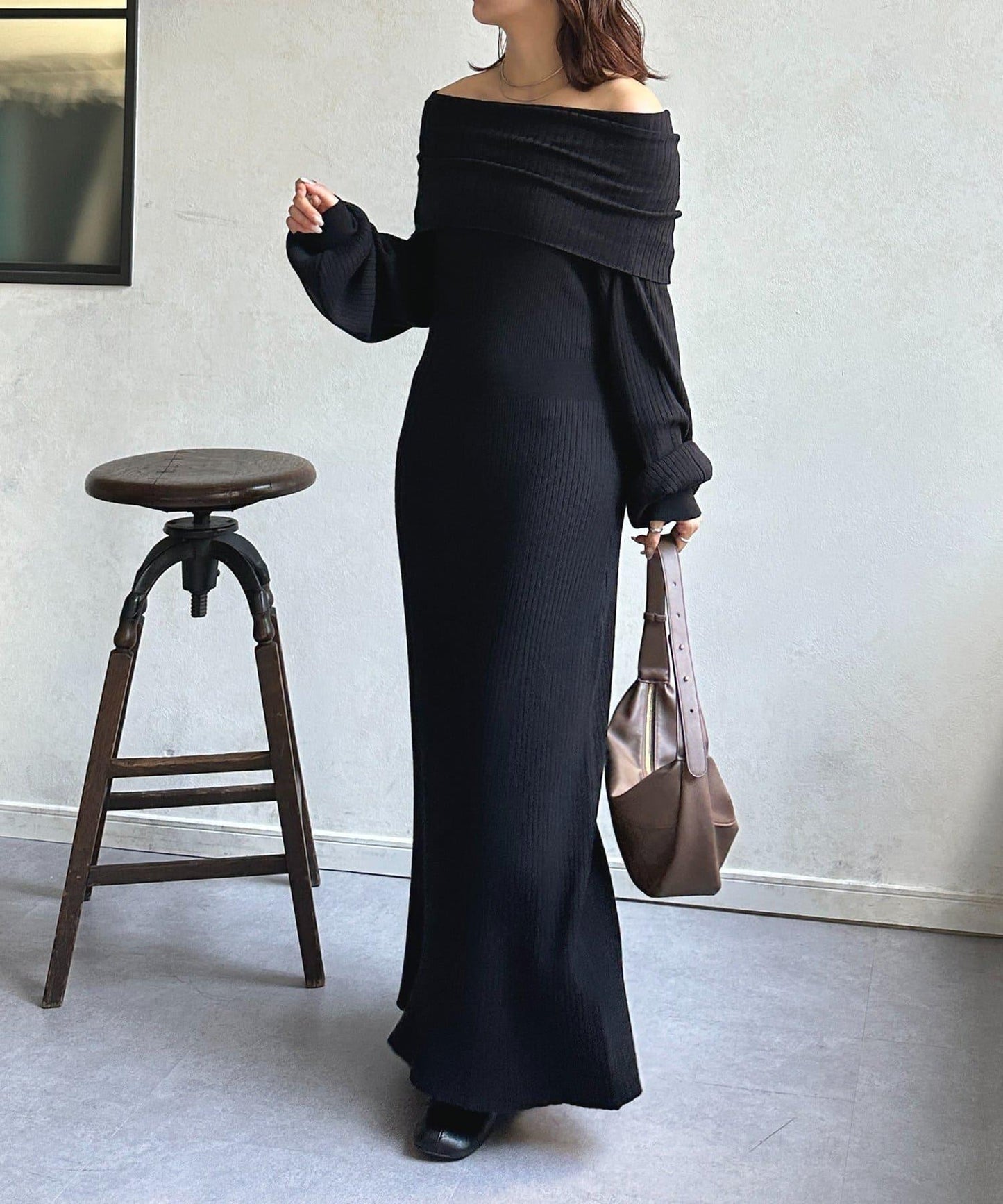 一字肩針織連衣裙