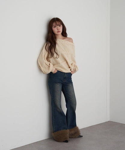 可拆卸毛絨拼接牛仔喇叭褲