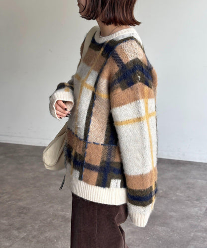 格紋流蘇拼接針織衫