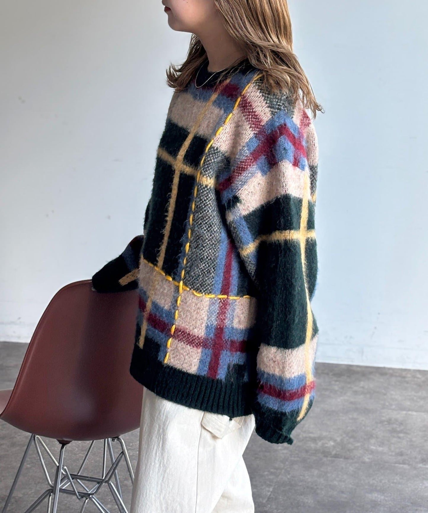 格紋流蘇拼接針織衫