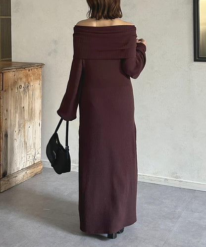 一字肩針織連衣裙