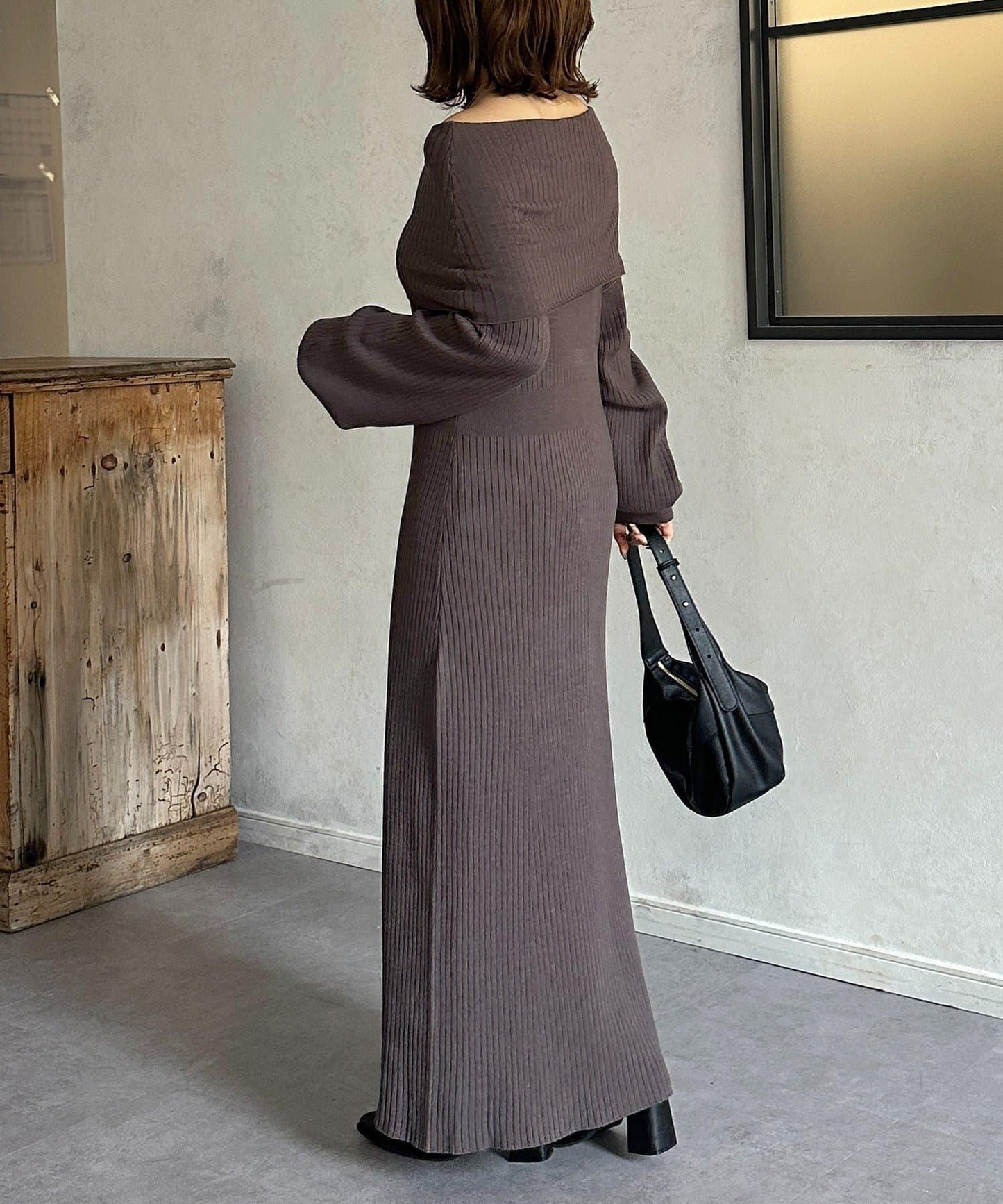 一字肩針織連衣裙