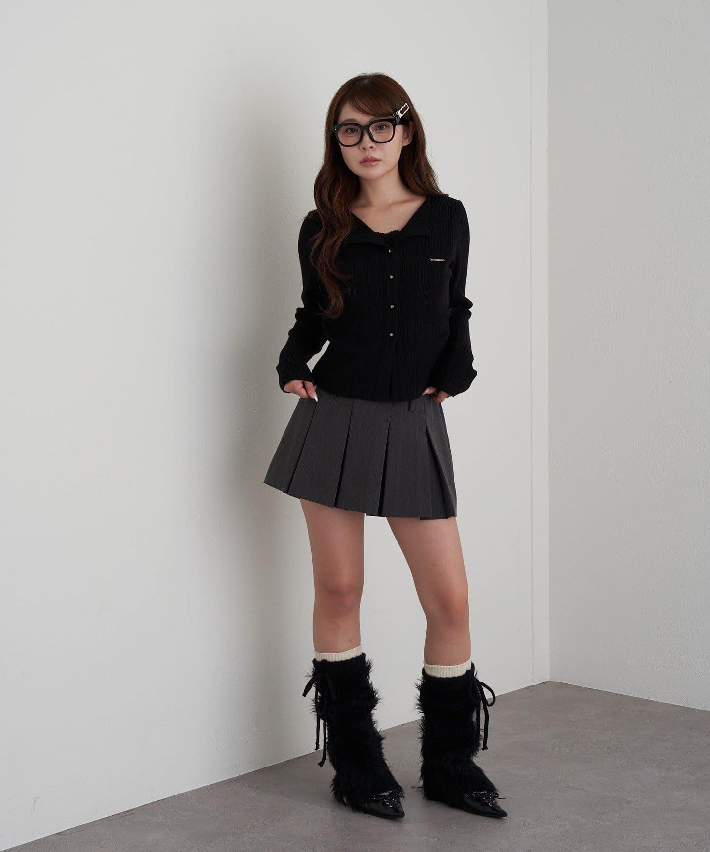 蕾絲拼接前開釦針織衫