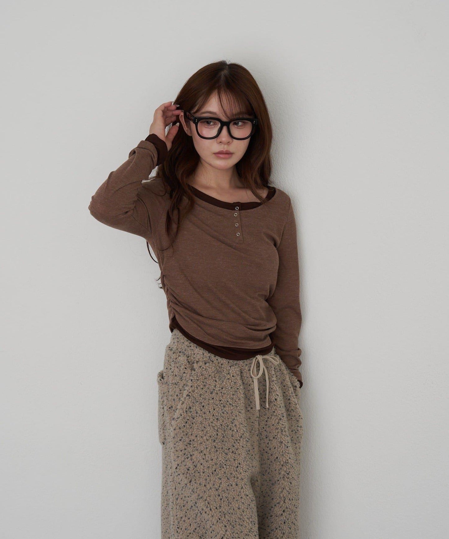 U領疊穿亨利長袖T恤