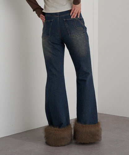 可拆卸毛絨拼接牛仔喇叭褲