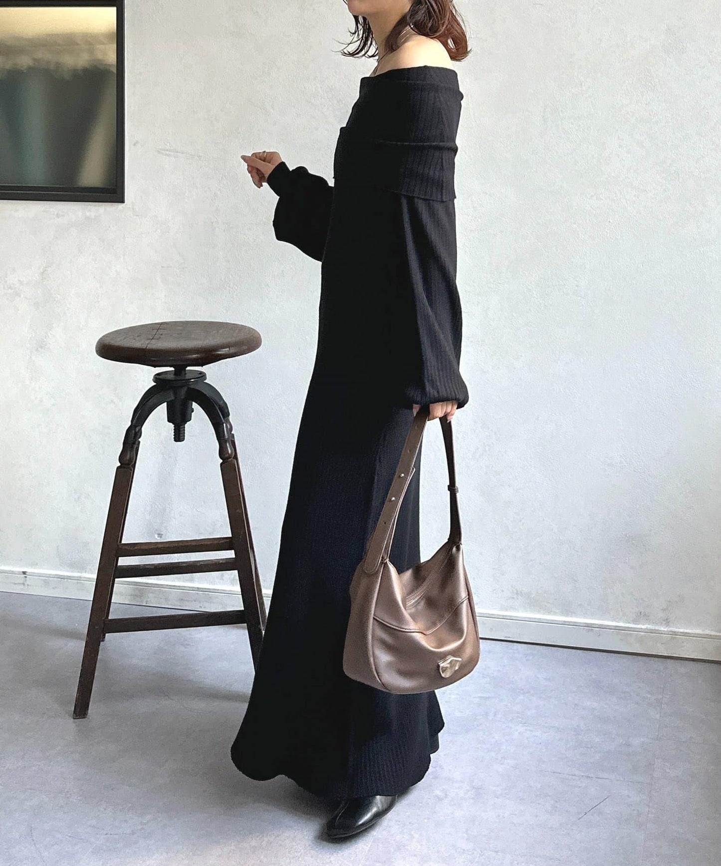 一字肩針織連衣裙