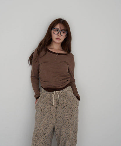 U領疊穿亨利長袖T恤