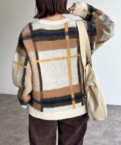 格紋流蘇拼接針織衫