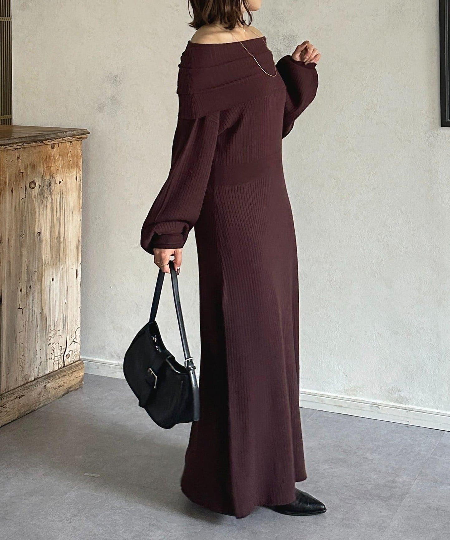 一字肩針織連衣裙