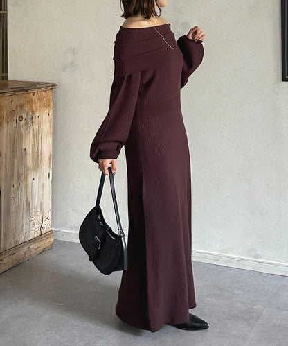 一字肩針織連衣裙