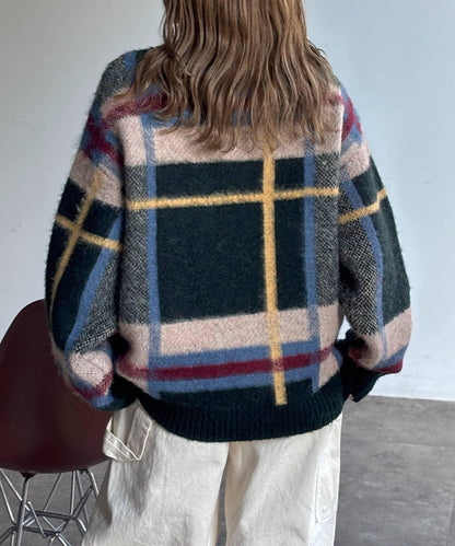 格紋流蘇拼接針織衫