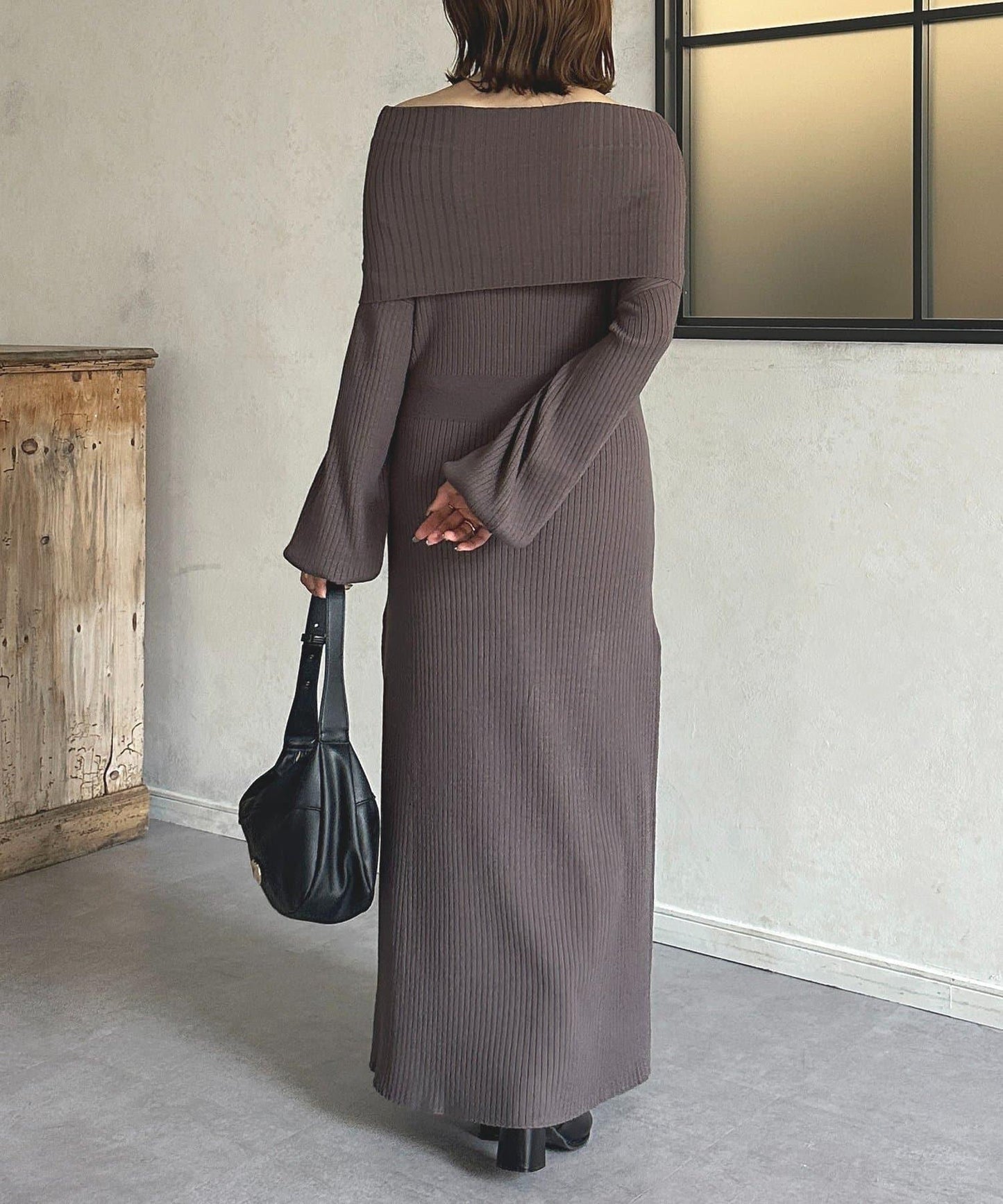 一字肩針織連衣裙