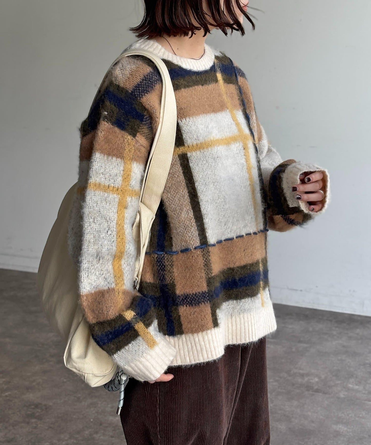 格紋流蘇拼接針織衫