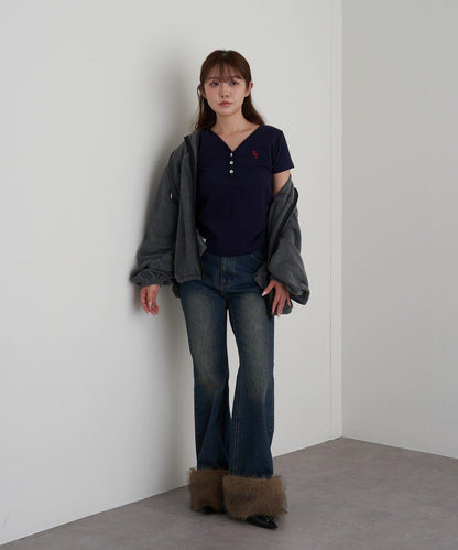 可拆卸毛絨拼接牛仔喇叭褲