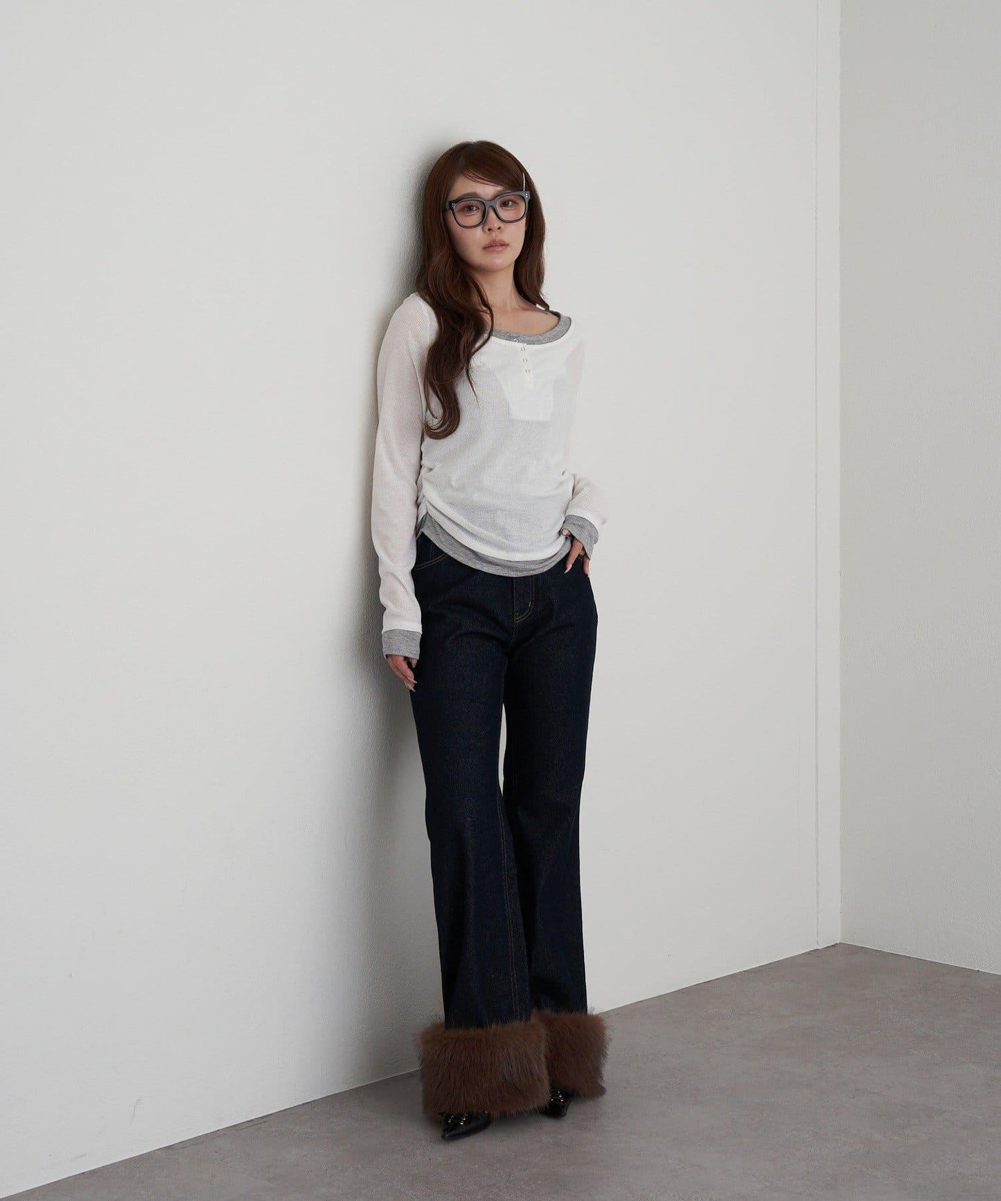 U領疊穿亨利長袖T恤