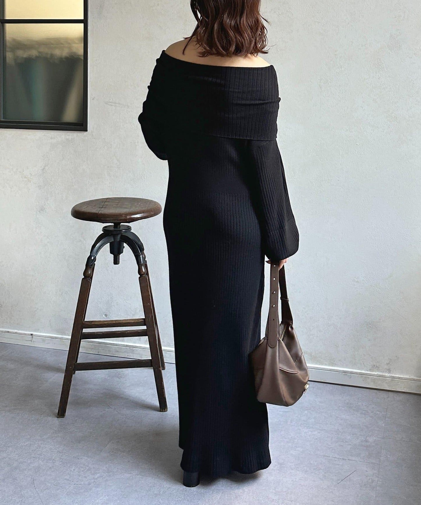 一字肩針織連衣裙