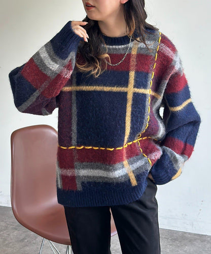 格紋流蘇拼接針織衫