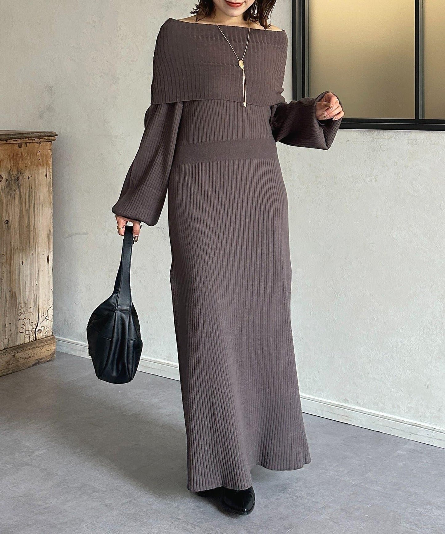 一字肩針織連衣裙