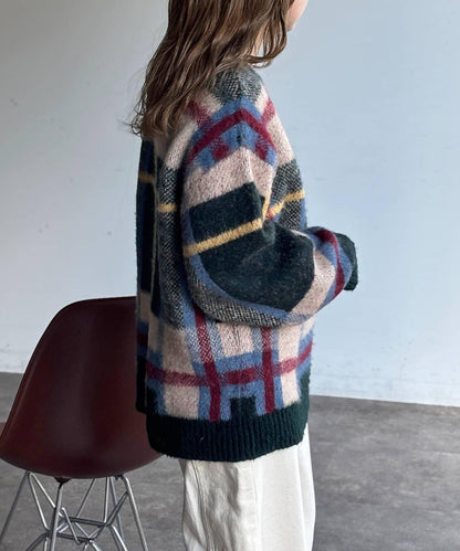 格紋流蘇拼接針織衫