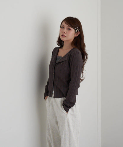 蕾絲拼接前開釦針織衫