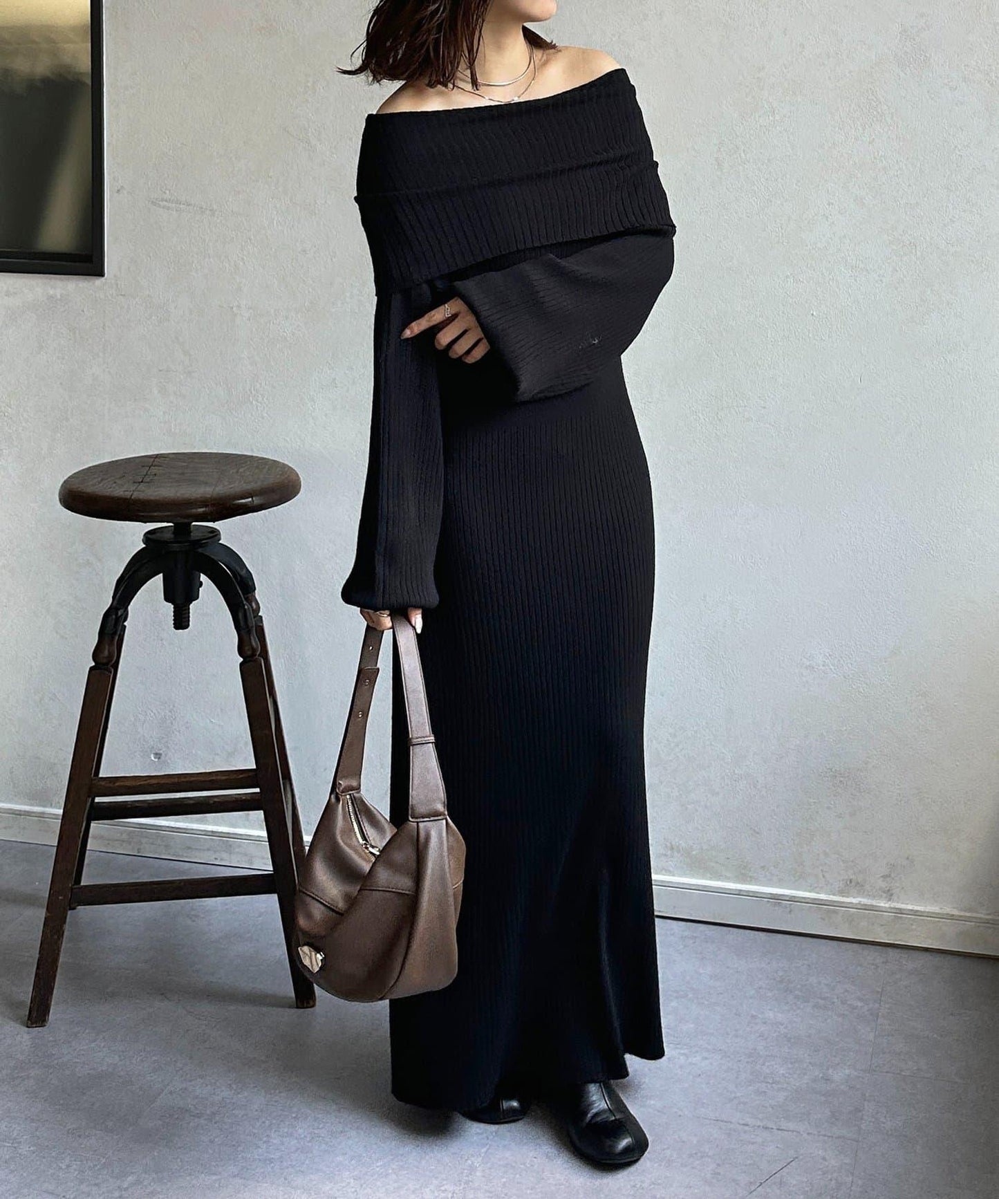 一字肩針織連衣裙
