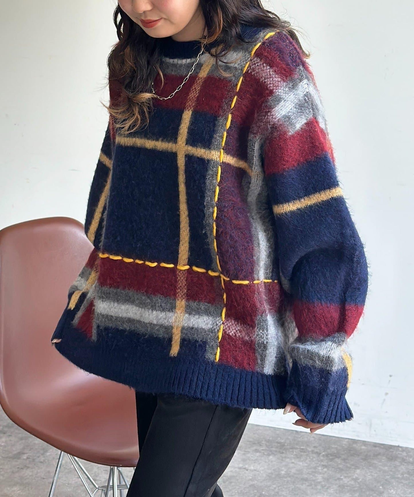 格紋流蘇拼接針織衫