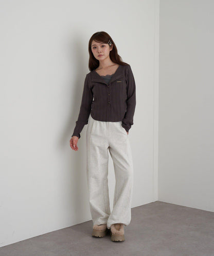 蕾絲拼接前開釦針織衫