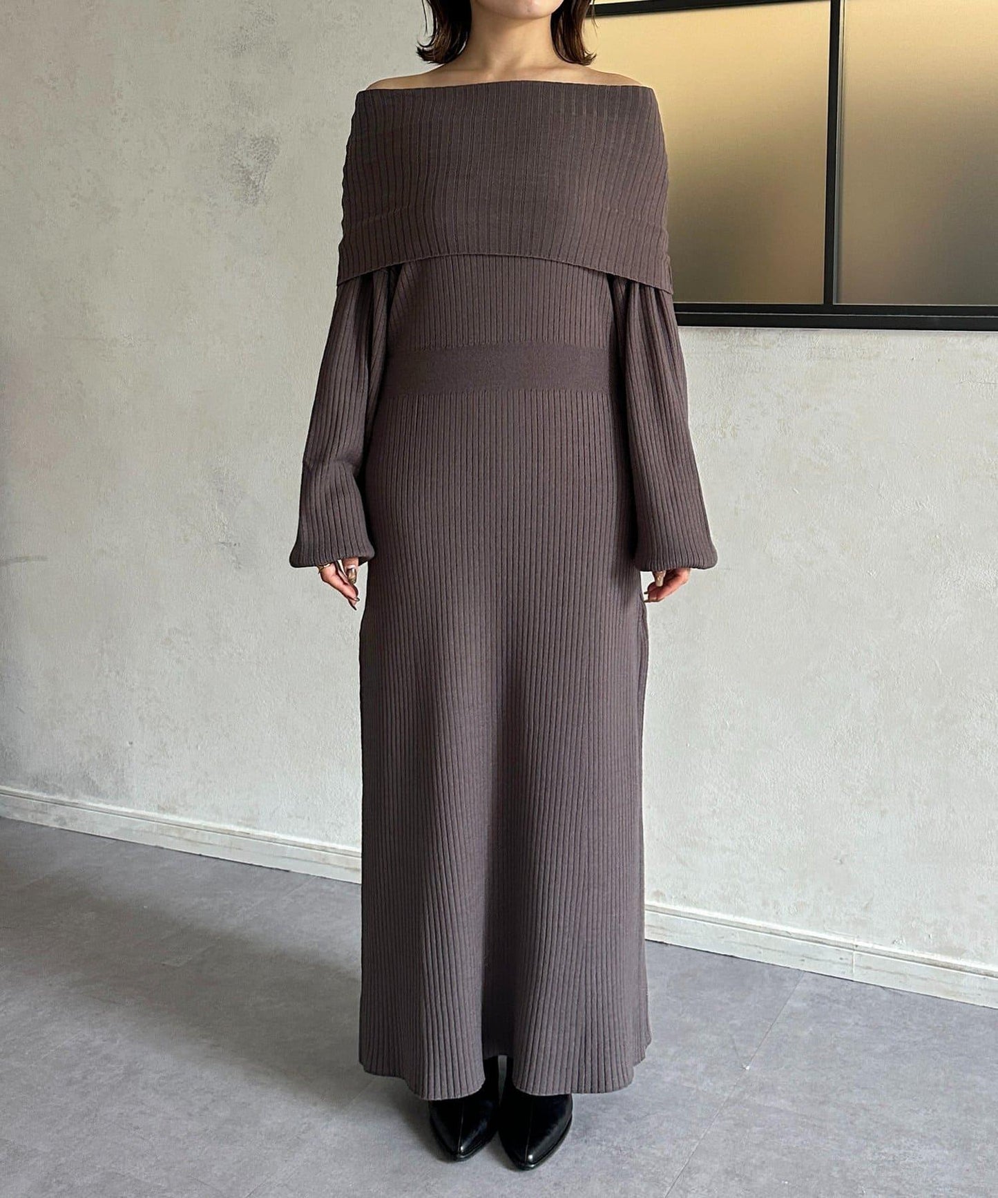 一字肩針織連衣裙