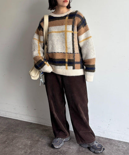 格紋流蘇拼接針織衫