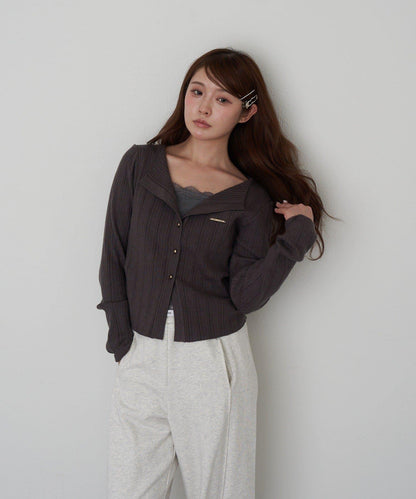 蕾絲拼接前開釦針織衫