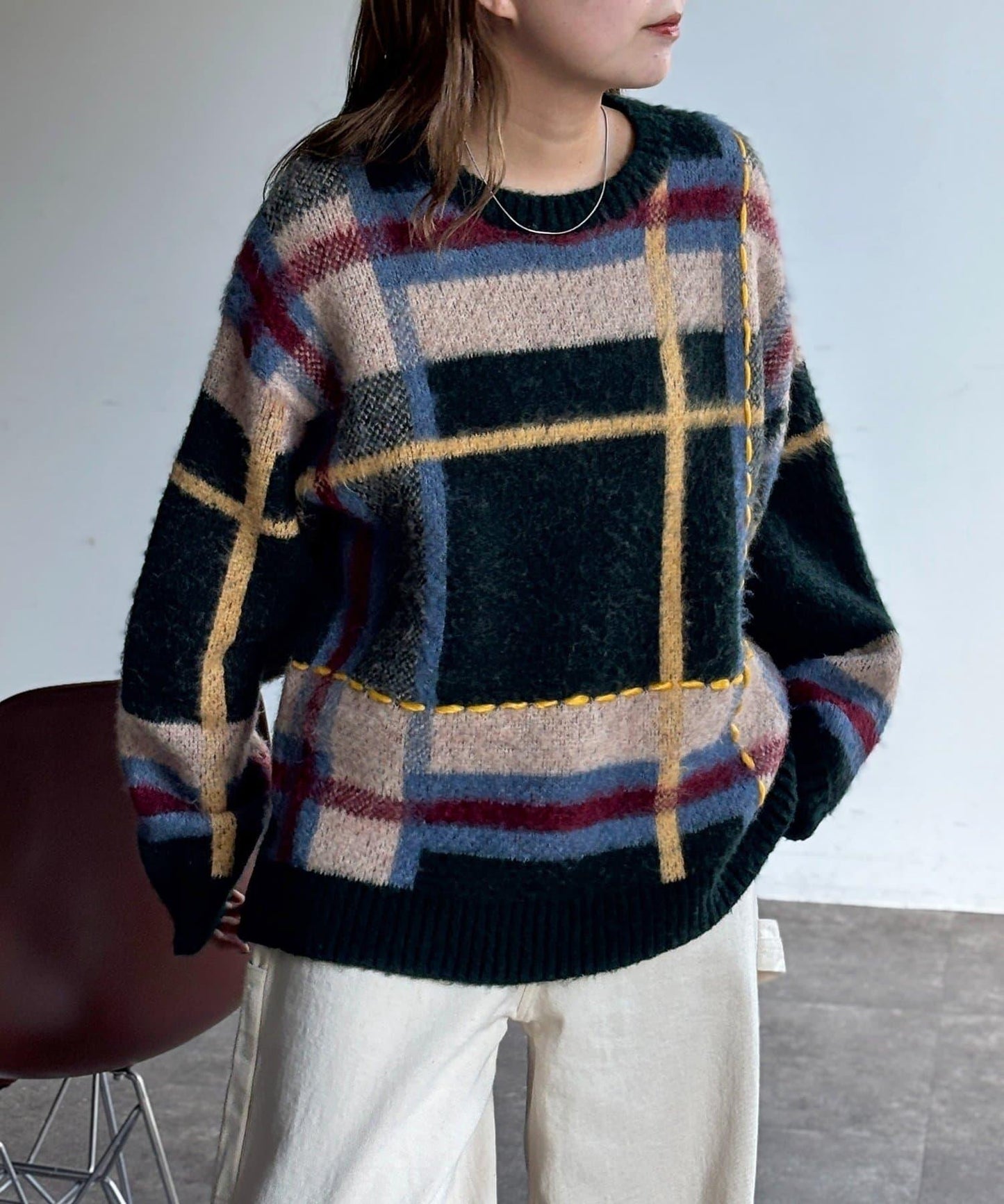 格紋流蘇拼接針織衫