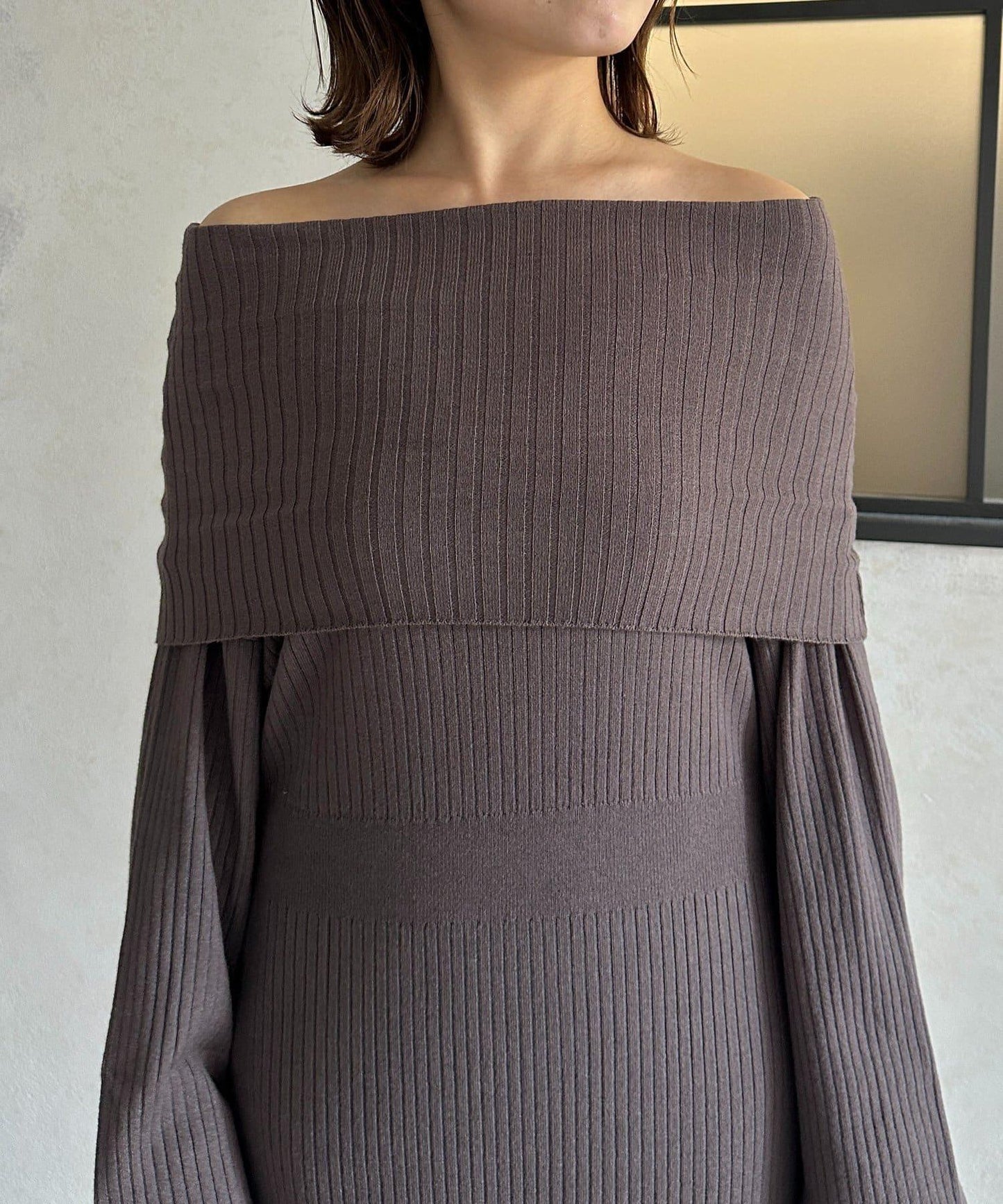 一字肩針織連衣裙