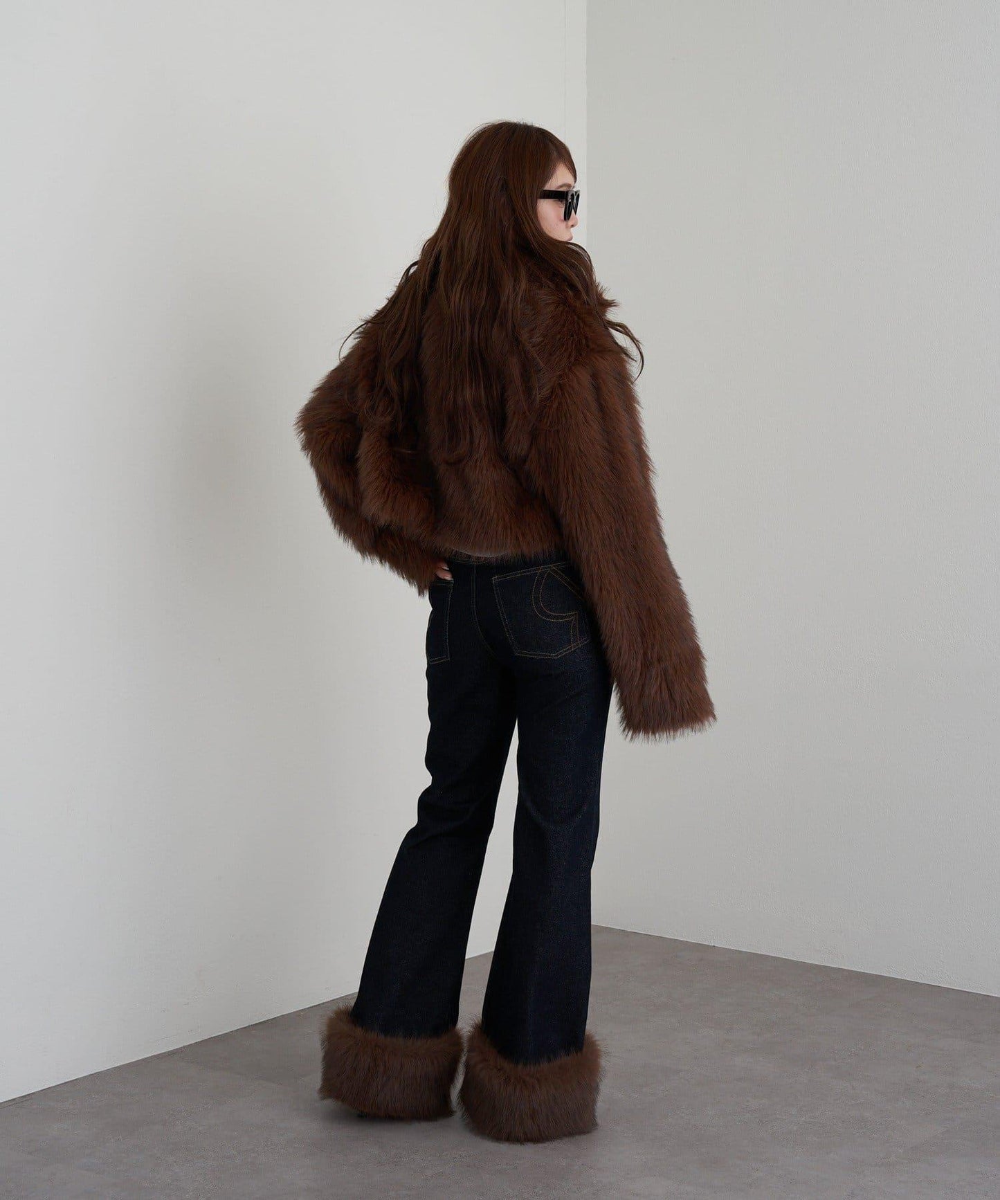 可拆卸毛絨拼接牛仔喇叭褲