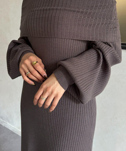 一字肩針織連衣裙