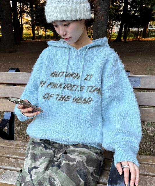 仿馬海毛質感字母針織連帽衫