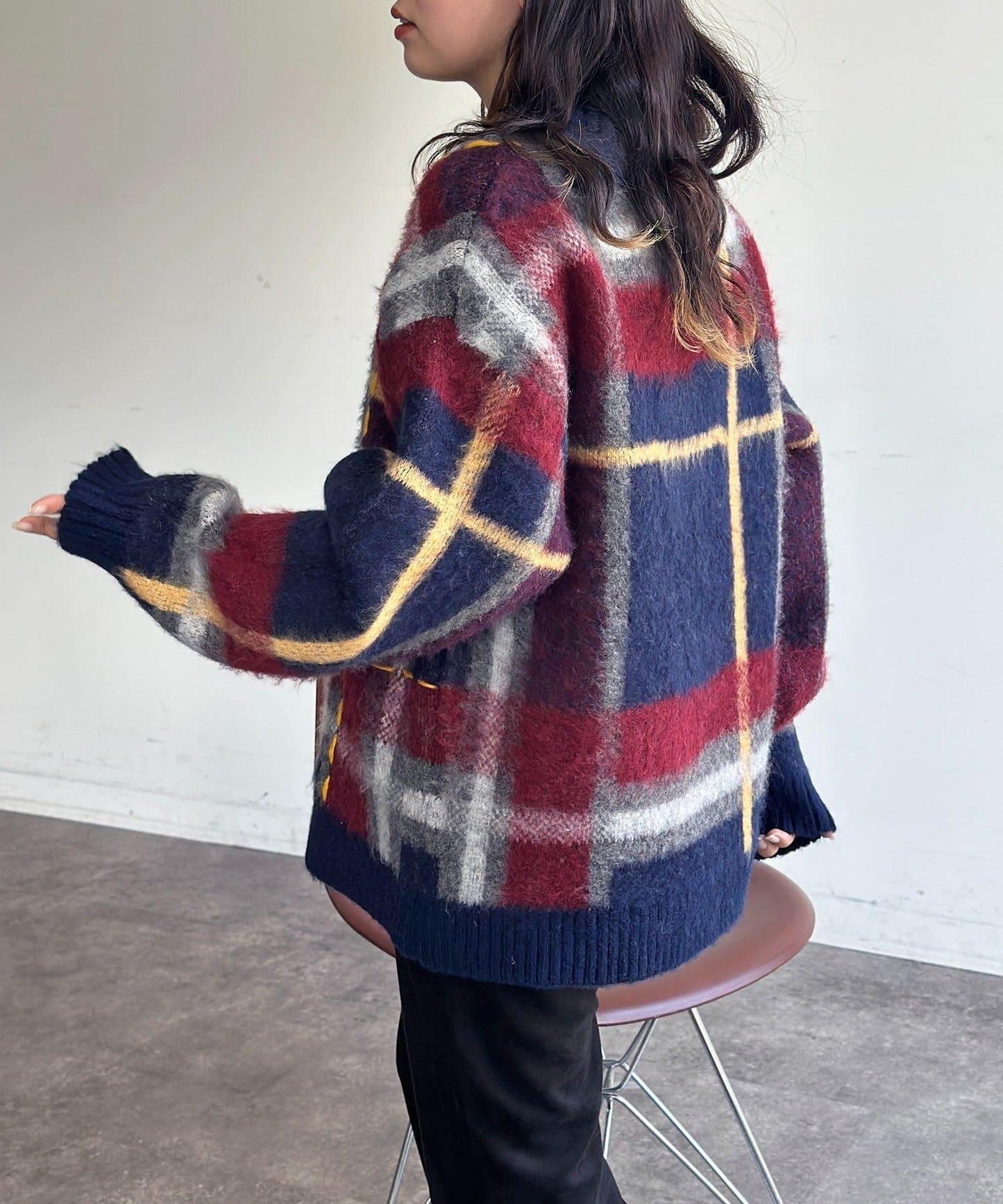 格紋流蘇拼接針織衫