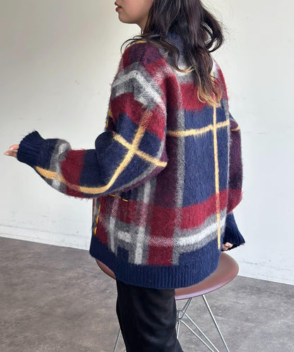 格紋流蘇拼接針織衫