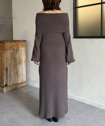 一字肩針織連衣裙