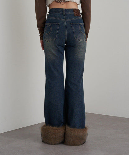 可拆卸毛絨拼接牛仔喇叭褲