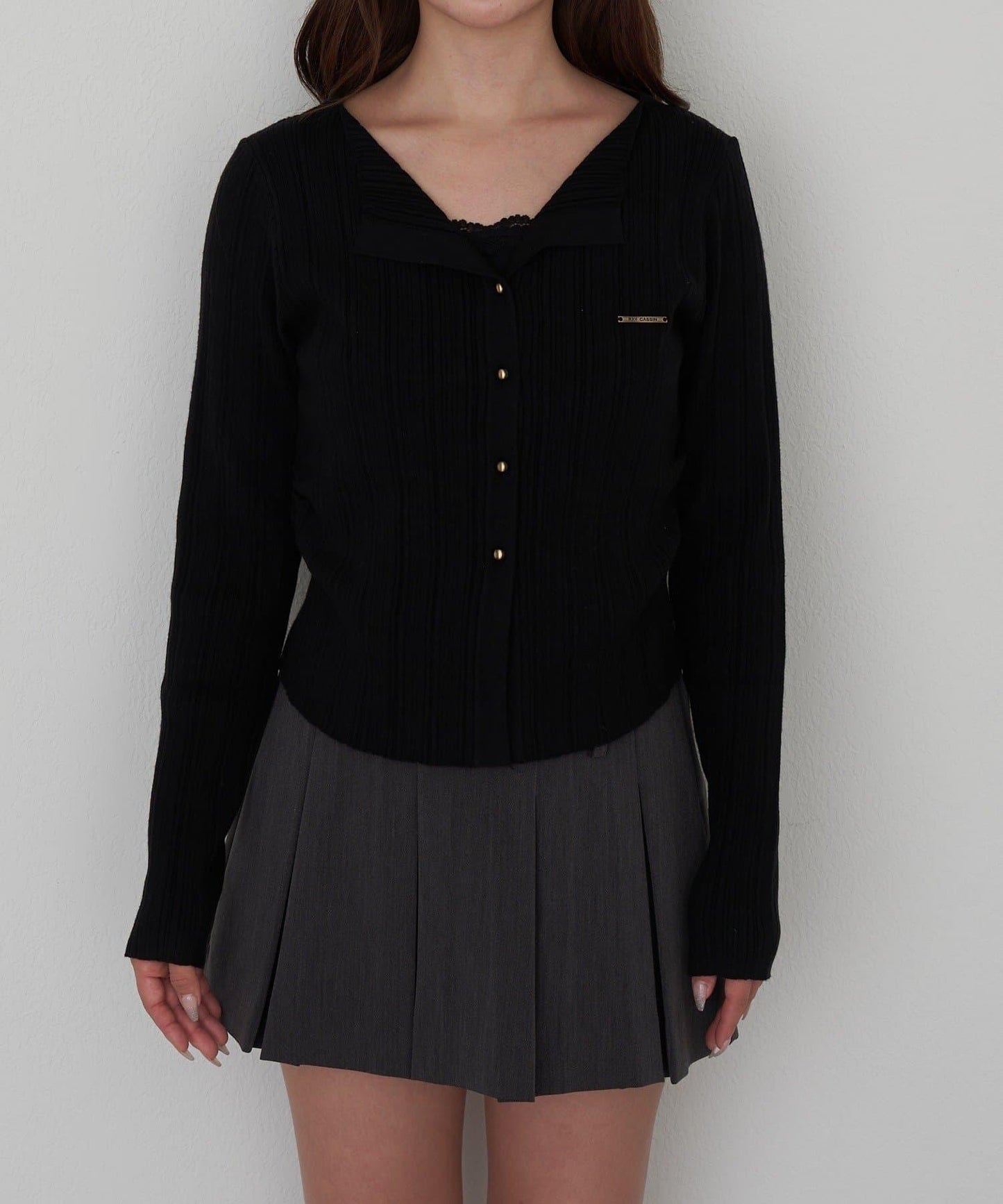 蕾絲拼接前開釦針織衫