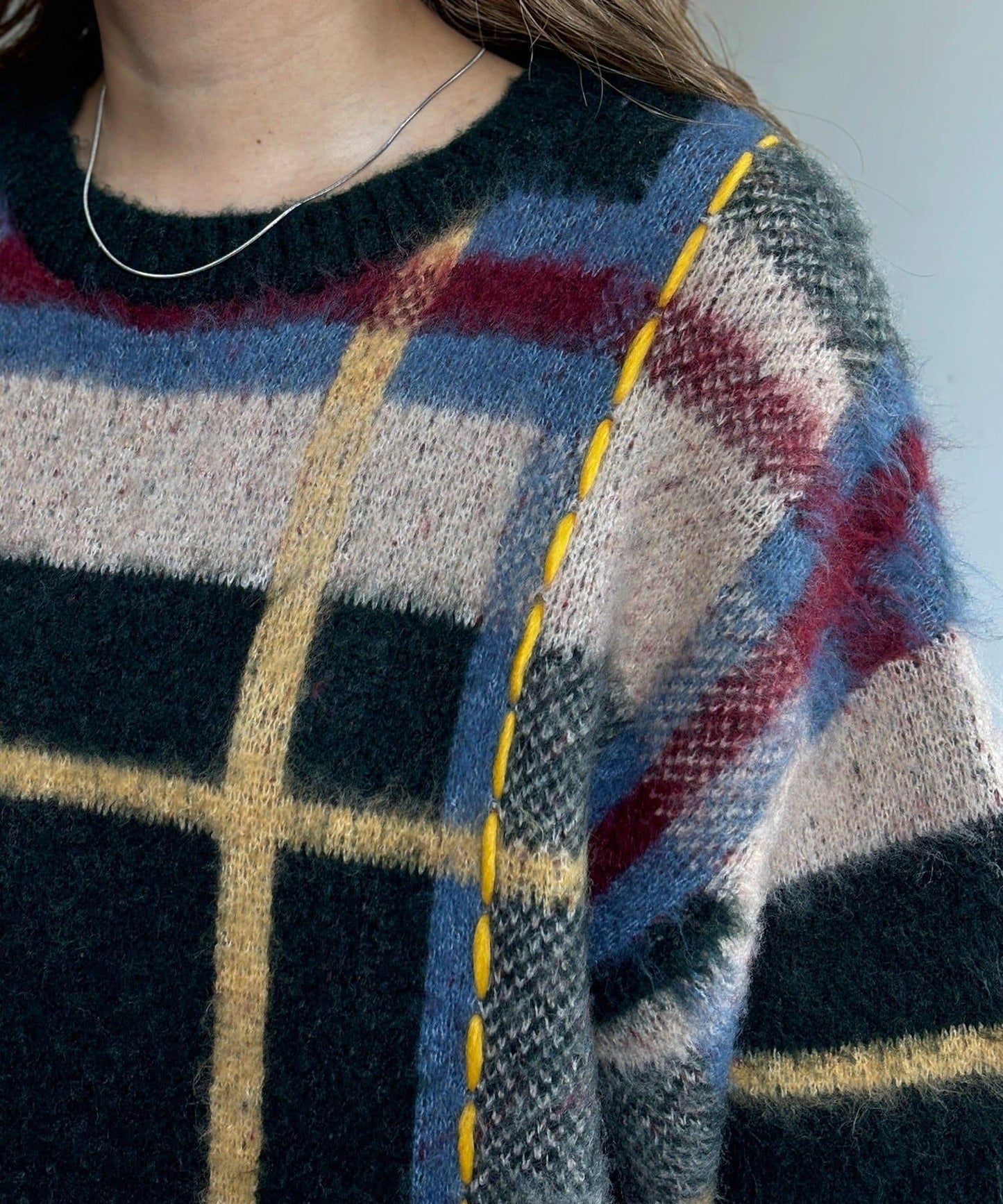 格紋流蘇拼接針織衫