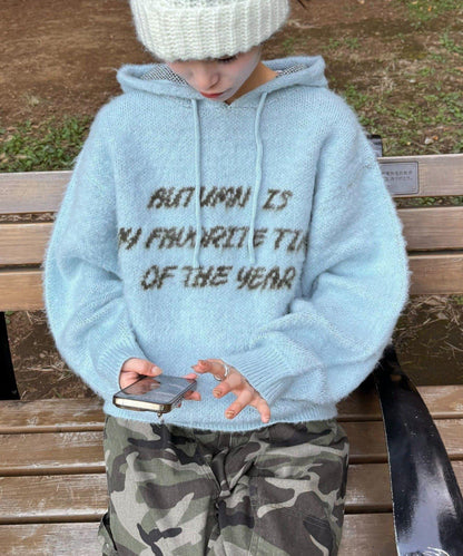 仿馬海毛質感字母針織連帽衫