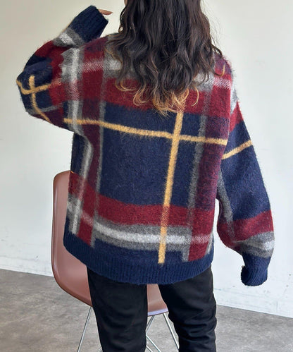 格紋流蘇拼接針織衫