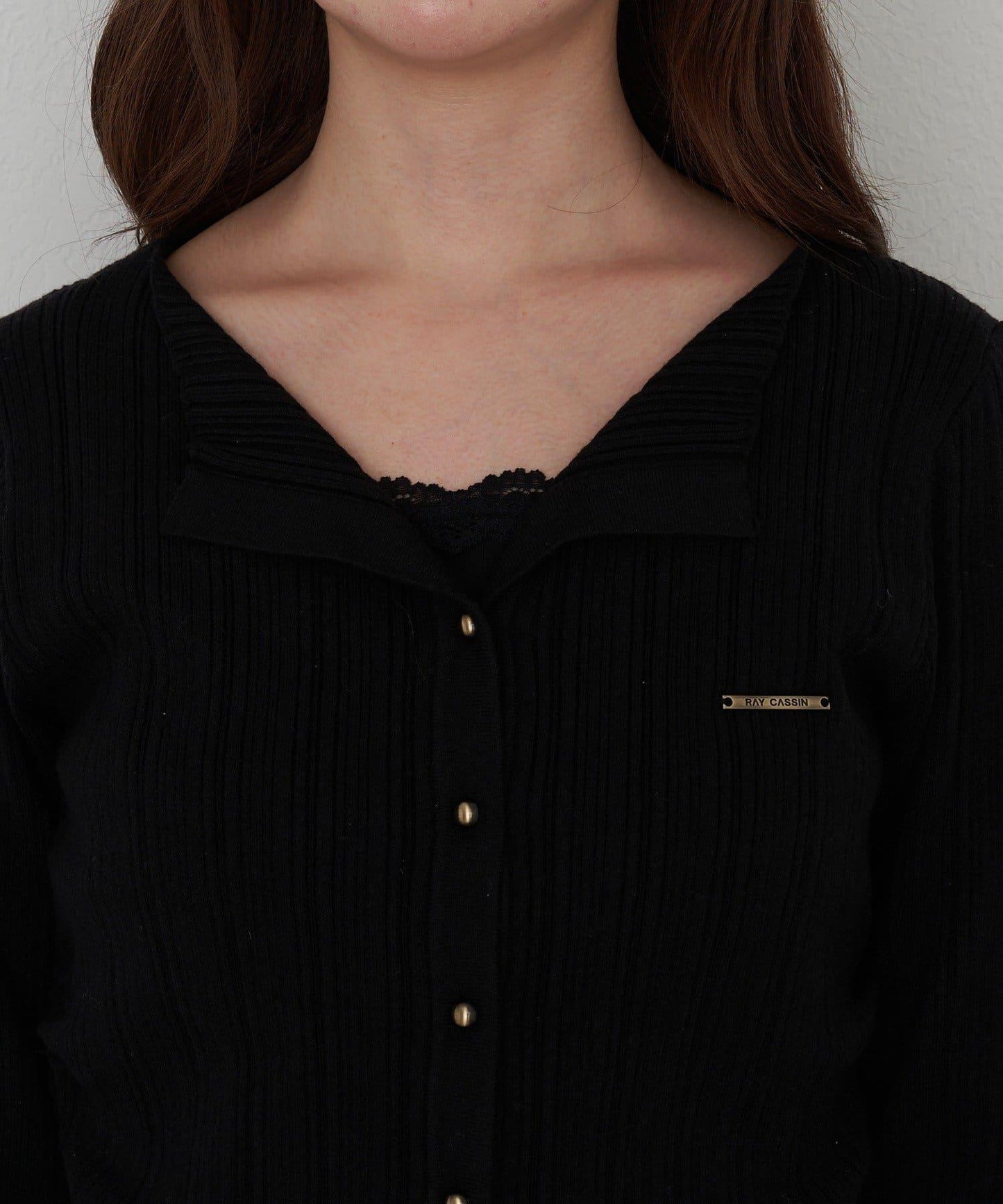 蕾絲拼接前開釦針織衫