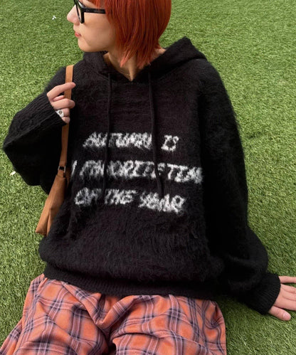 仿馬海毛質感字母針織連帽衫