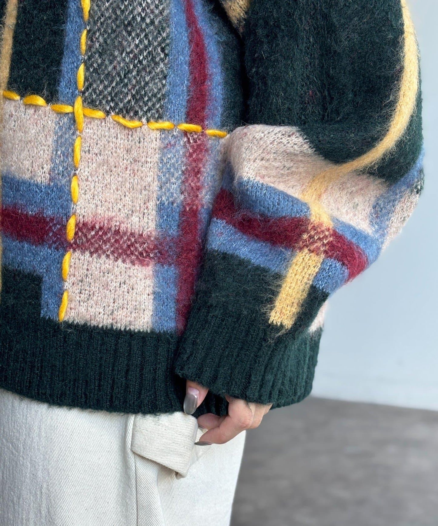 格紋流蘇拼接針織衫